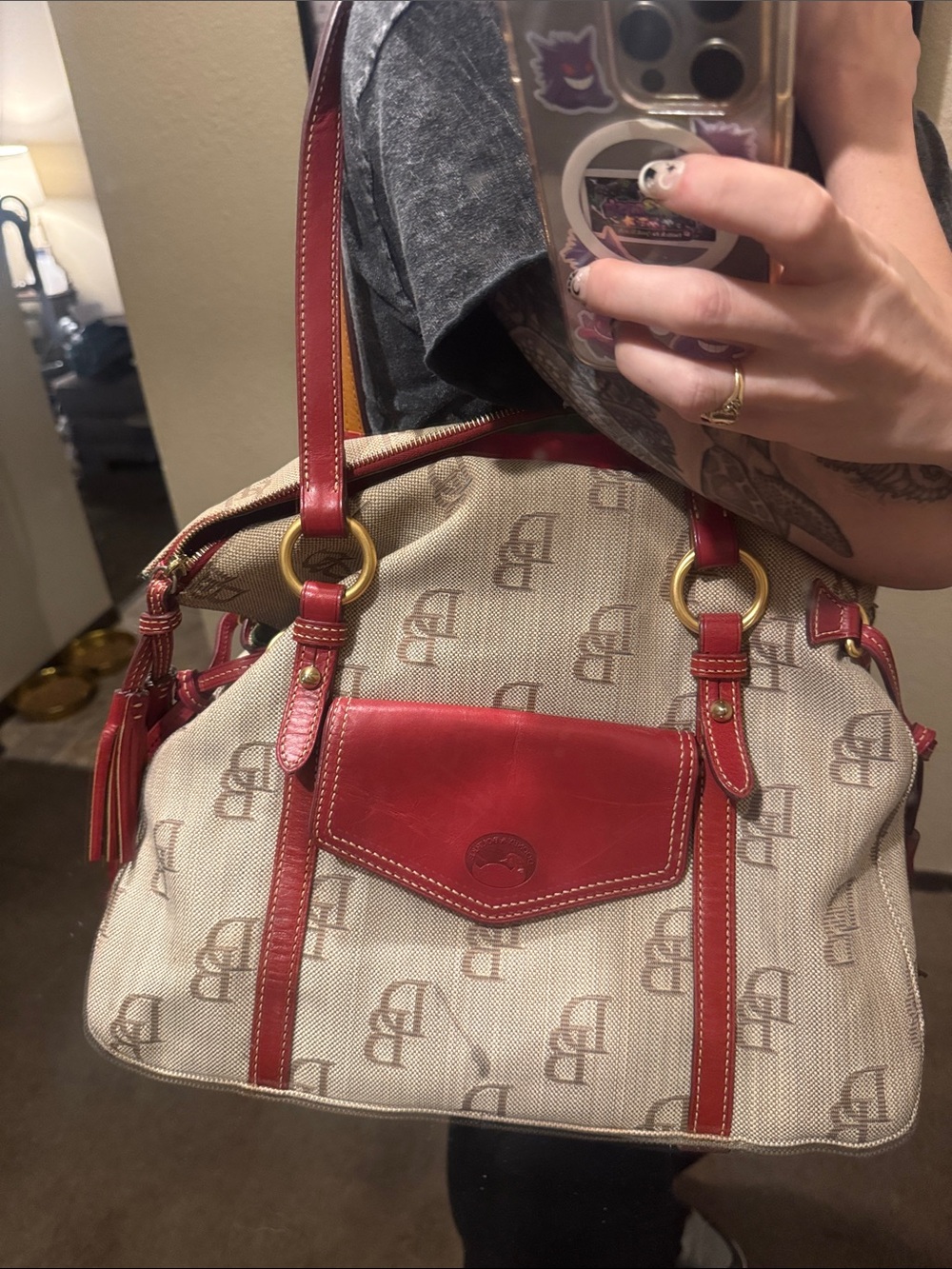 Dooney & Bourke Beige Canvas Shoulder Bag with Red Leather Trim